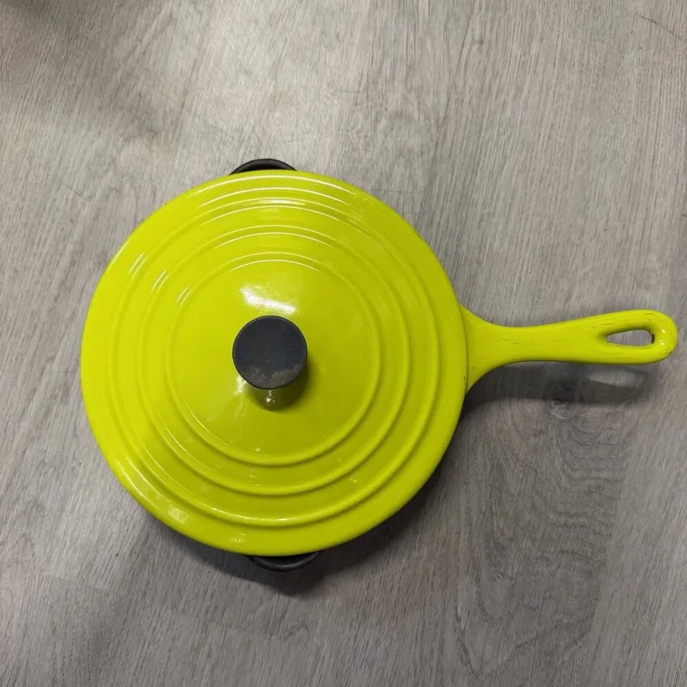 Vtg Le Creuset Cast Iron Skillet Double Pour Spouts Pan #20 & Lid Harmonic Green